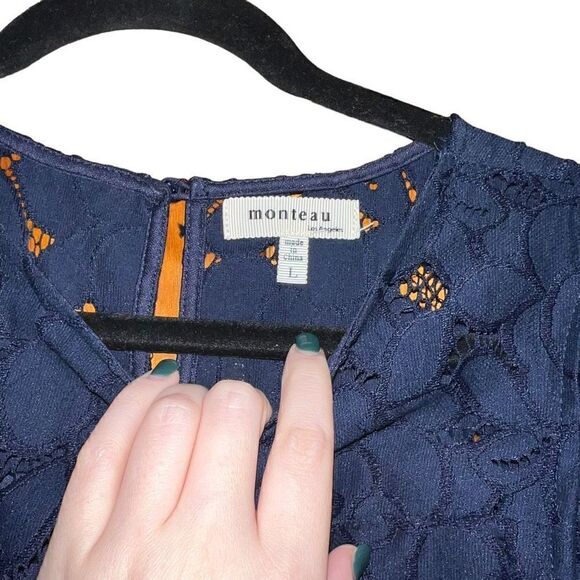 MONTEAU Navy Blue Lace Dress W/ Frill Sleeves Size Large - Picture 4 of 4